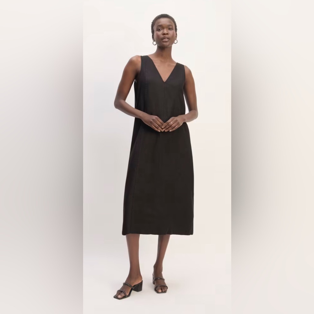 NWT Everlane The Linen V-Neck Midi Black Dress, Size 14 - Picture 2 of 16